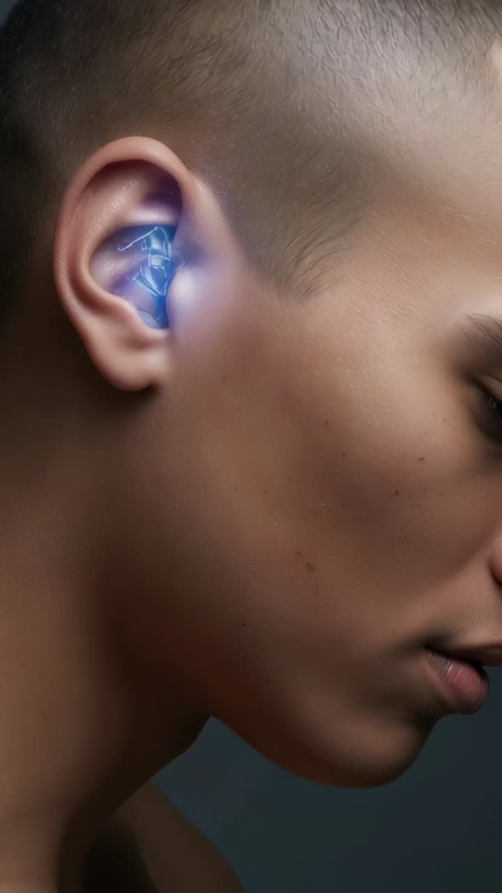 Video verticale: reazione di un teenager che sposta leggermente la mascella quando un auricolare si accende in studio, con LED blu