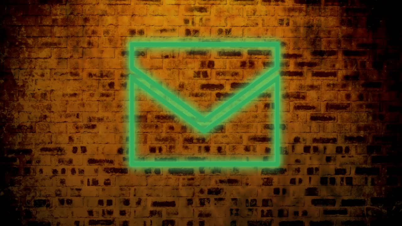 Animation of glowing neon envelope icon on brick wall