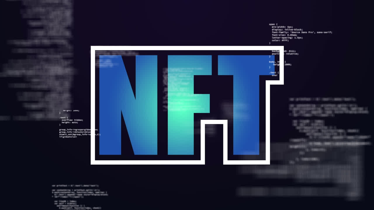 animación digital del banner de texto de nft contra el procesamiento de datos en fondo negro