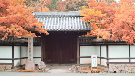 small gateway entry on the side of a road surrounded by orange autumn leaves in kyoto, japan meduim shot