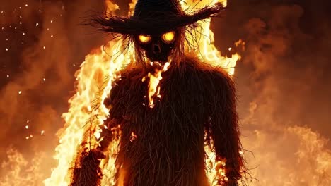 a scarecrow in a field of fire with a hat on