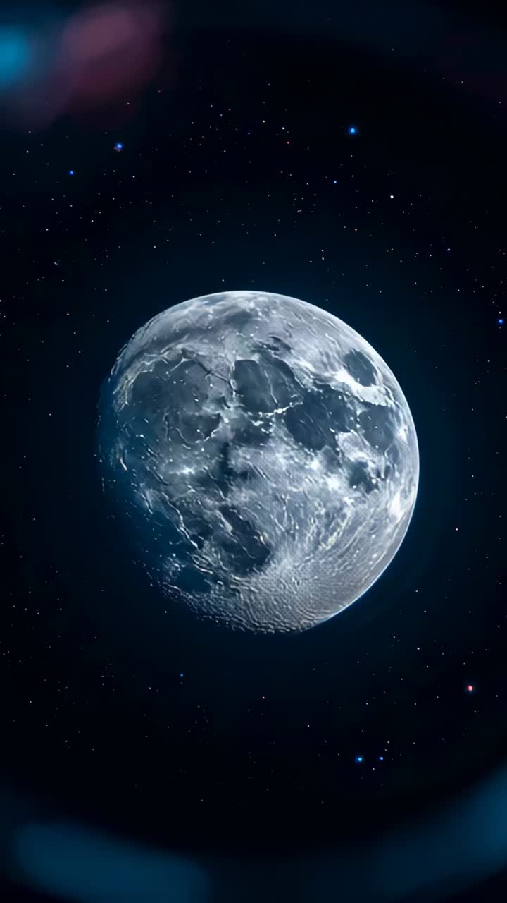 Vídeo vertical: Lua em zoom nascendo no espaço, mostrando crateras com nebulosa para estudo