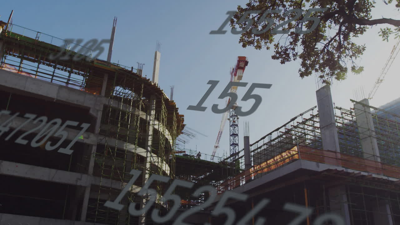 Construction site with cranes and buildings, numbers animation over scene