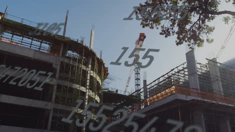 construction site with cranes and buildings, numbers animation over scene