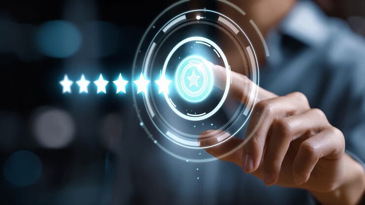 User Interacting with Digital Rating System, Selecting a Star for Feedback Experience in an Engaging Virtual Environment with a Futuristic Interface