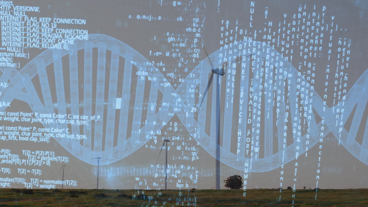Digital helix spanning grassland plain, overlaying code while wind turbines spinning in flat design