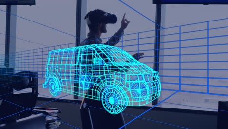 Animation-Einer-Digitalen-3D-Zeichnung-Eines-Autos-über-Einem-Mann-Mithilfe-Eines-VR-Headsets