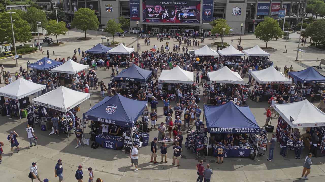 Spectacular Scene at a Vibrant Outdoor Venue with Enthusiastic Fans and Colorful Tents, Capturing the Excitement of a Big Event Celebration