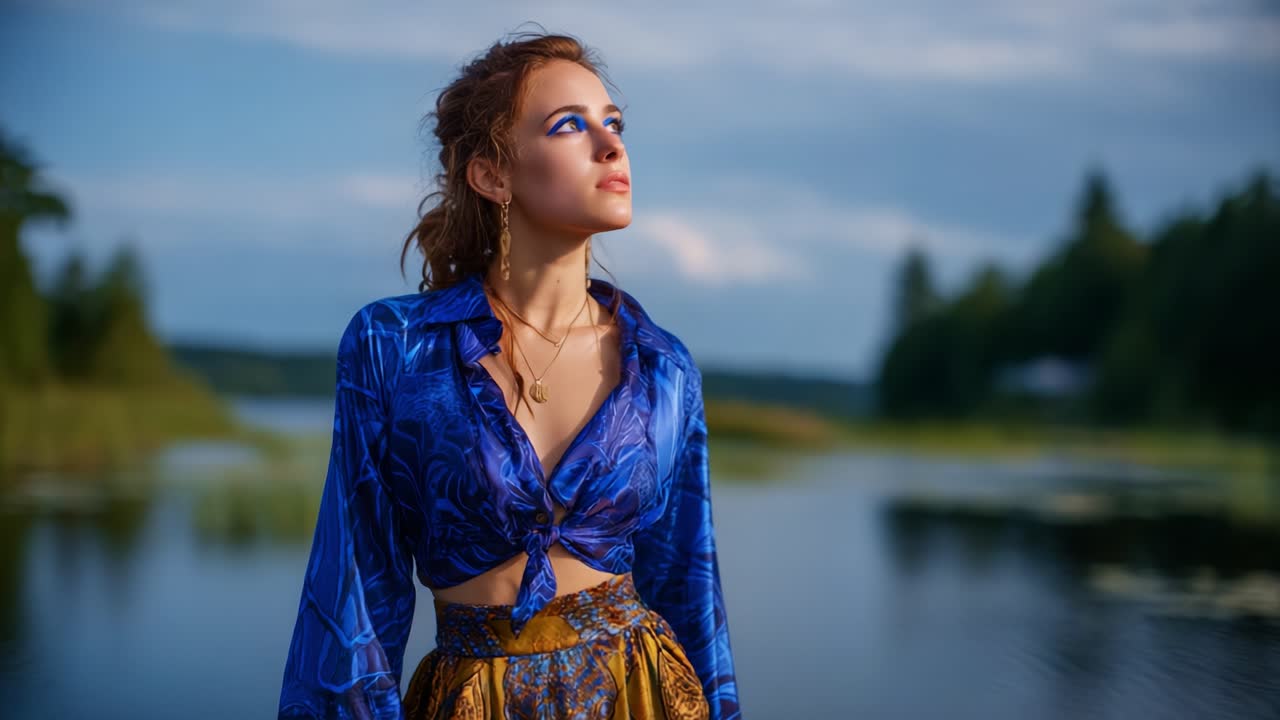 Una giovane donna sicura di sé posa serena vicino a un lago tranquillo con un paesaggio verdeggiante, indossando abiti vivaci e un trucco sorprendente sotto un cielo sereno