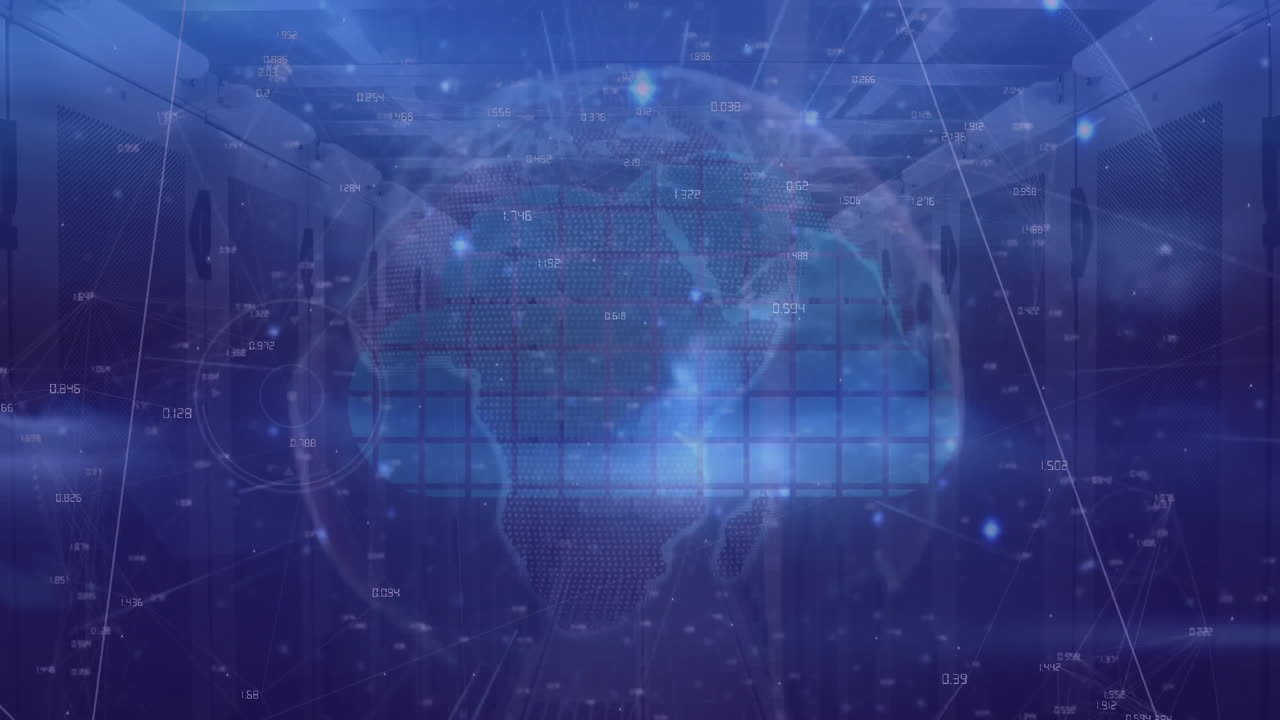 Animation of globe with data processing and cloud icon over server room
