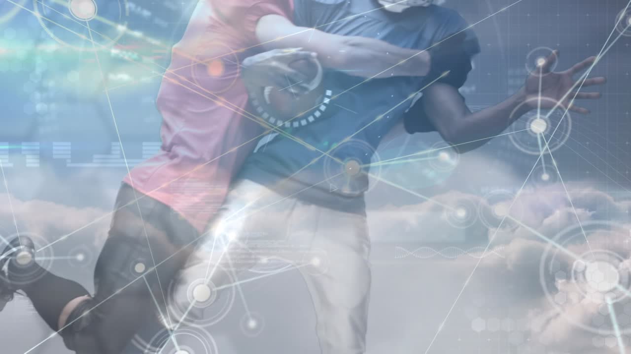 Animation of diverse data and network of connections over diverse male american football players