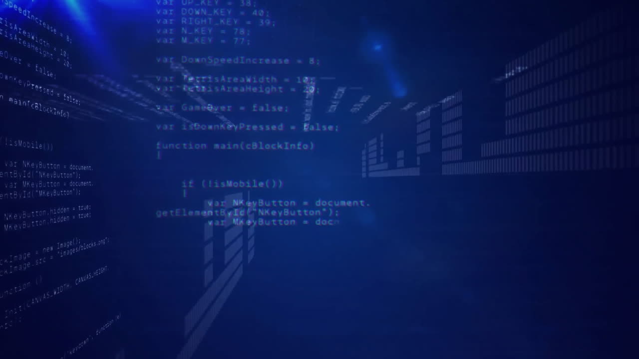 Animation of digital data processing over dark background