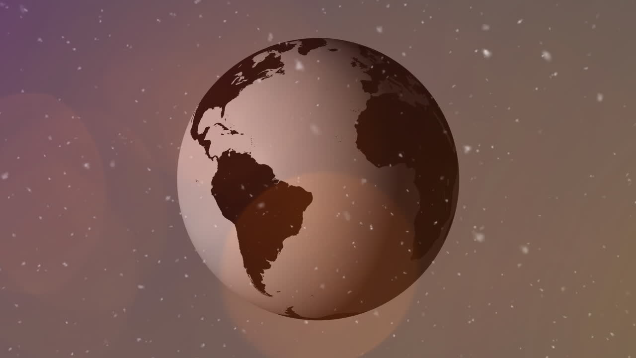 회색 바탕에 빛의 반점에 대해 회전하는 지구 위에 떨어지는  ⁇  입자