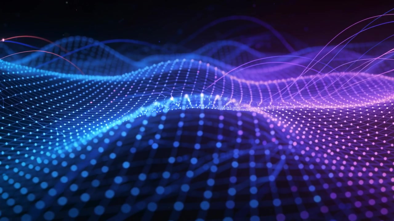 Shifting animated particle mesh undulating in dark void during playback revealing pulsing nodes
