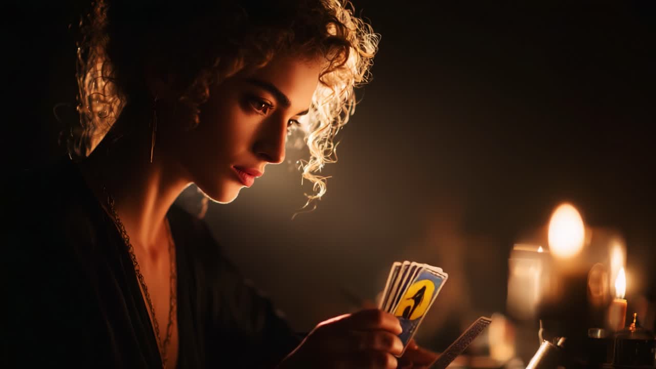 A Mysterious Young Woman Engaged in Card Reading, Enveloped in Soft Candlelight, Delving into the Secrets of the Future with Intense Focus and Intriguing Anticipation