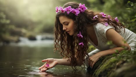 a serene moment: a young woman reaches into a tranquil stream, adorned with delicate flowers, capturing the essence of nature's beauty and peace