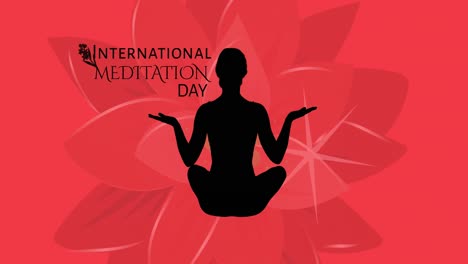 animation of international meditation day text with woman meditating silhouette on red background