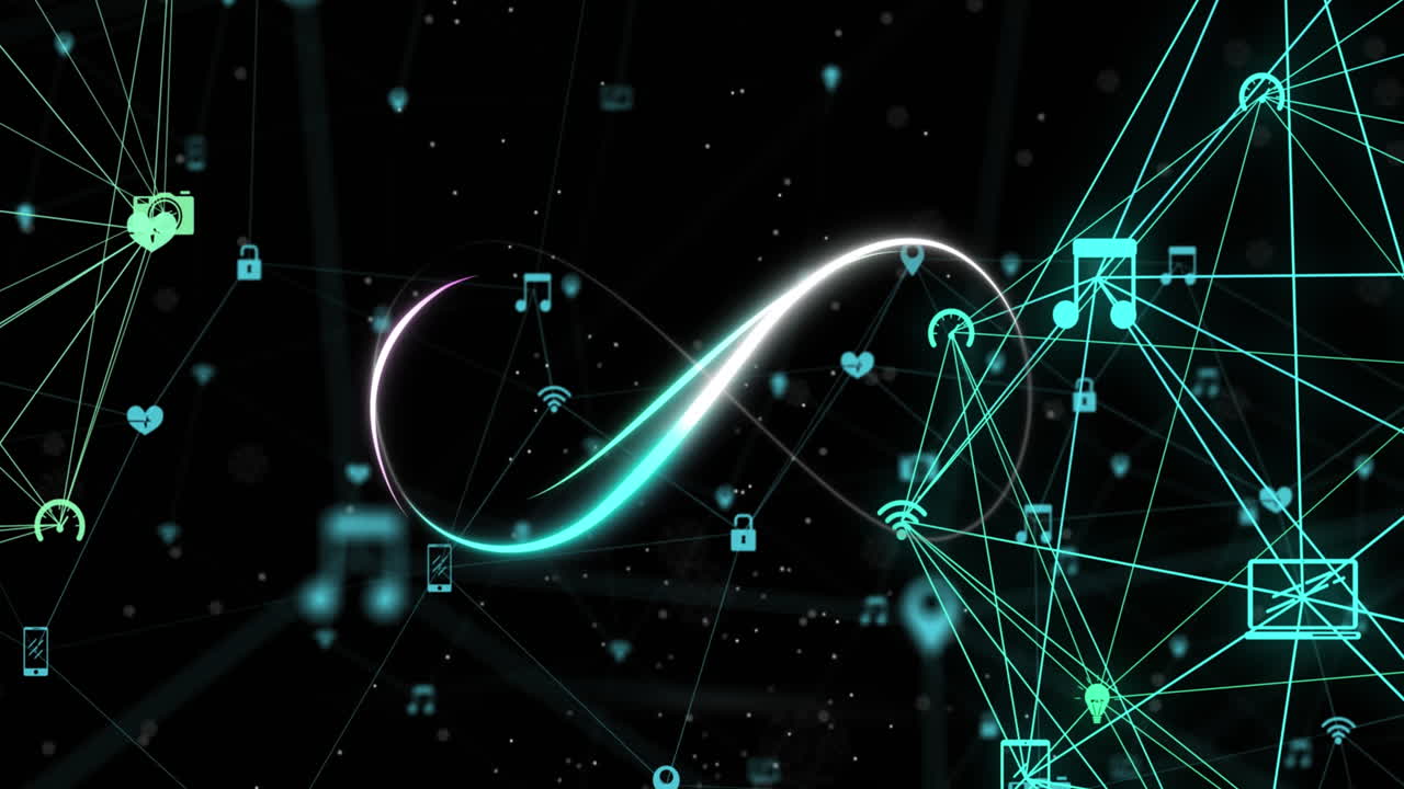 검은 바탕에 지구를 형성하는 연결된 아이콘 위에 무한 기호의 애니메이션