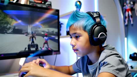 a young boy is playing a video game with a blue haired head