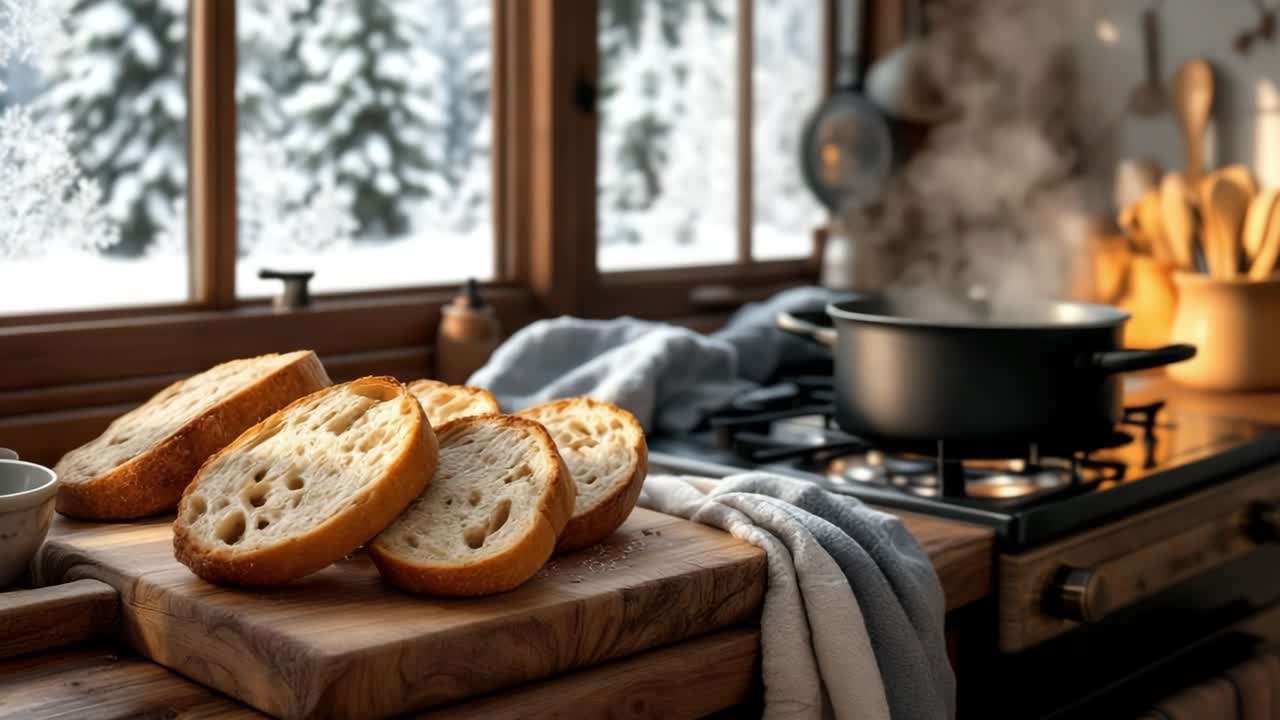 Freshly sliced bread on wooden cutting board with steaming pot in cozy kitchen atmosphere