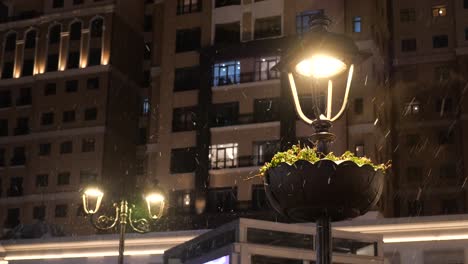 snowy night in the city: illuminated street lamp and buildings