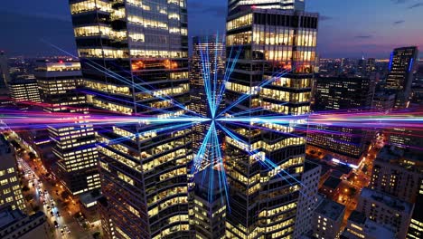 cityscape at night with laser light trails