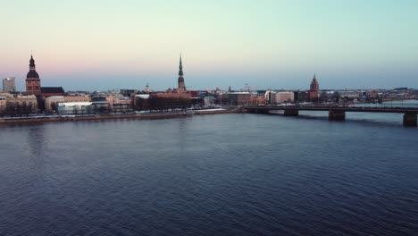 establisher aerial view of daugava river in riga city center, winter season