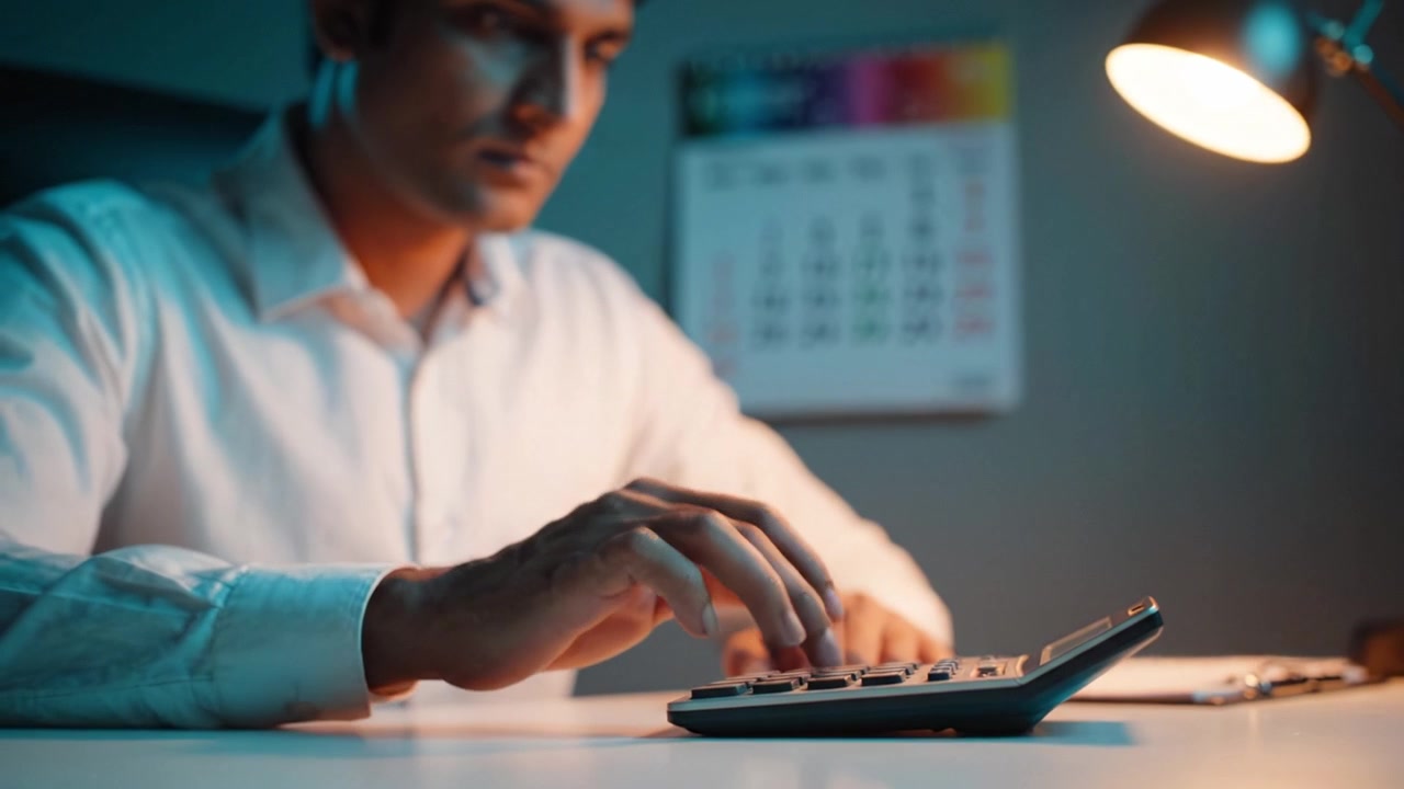 Focused Individual Working Late at Night with a Calculator, Illuminated by a Desk Lamp, Deep in Concentration on Financial Figures and Calculations