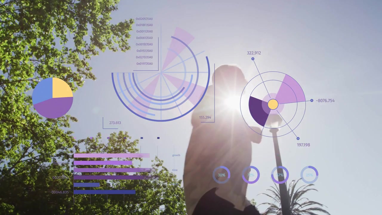 Senior male jogger crossing under trees as HUD charts appearing over runner animating for fitness