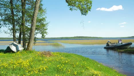 Beautiful-view-of-a-Lake-Usma-shore-on-a-sunny-summer-day,-distant-islands-with-lush-green-forest,-rural-landscape,-coast-with-old-reeds-and-vacation-houses,-wide-shot-with-boats-on-the-shore