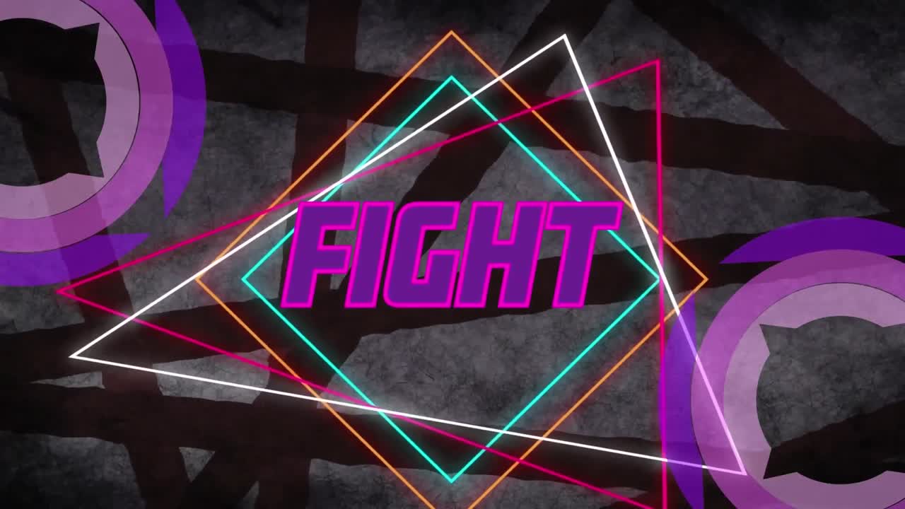 추상적인 배경에 대한 삼각형, 로스 및 원 위의 전투 텍스트의 애니메이션