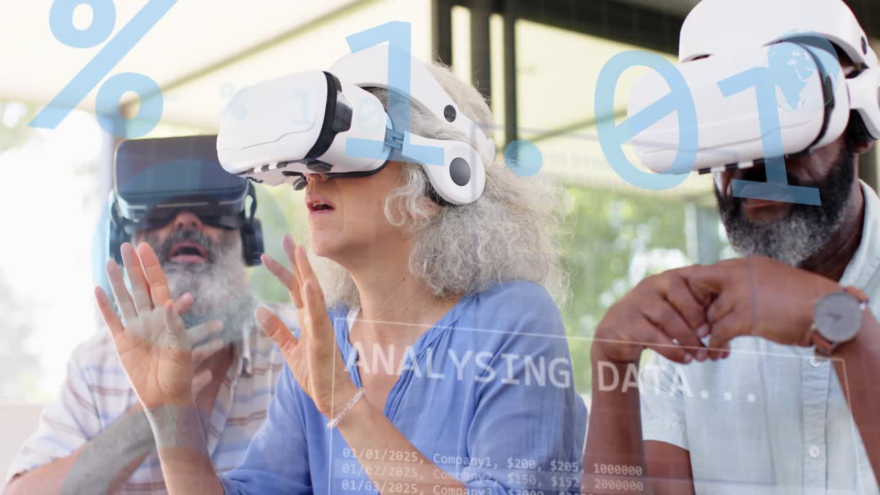 Center woman reaching, touching VR charts after 'ANALYSING DATA' prompt, exploring analytics