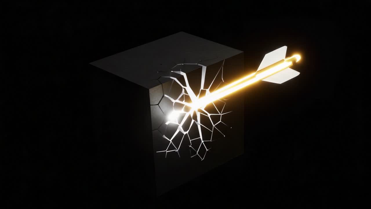 A dynamic visual representation of an arrow penetrating a geometric block, showcasing a vivid burst of light and energy emerging through cracks in the surface