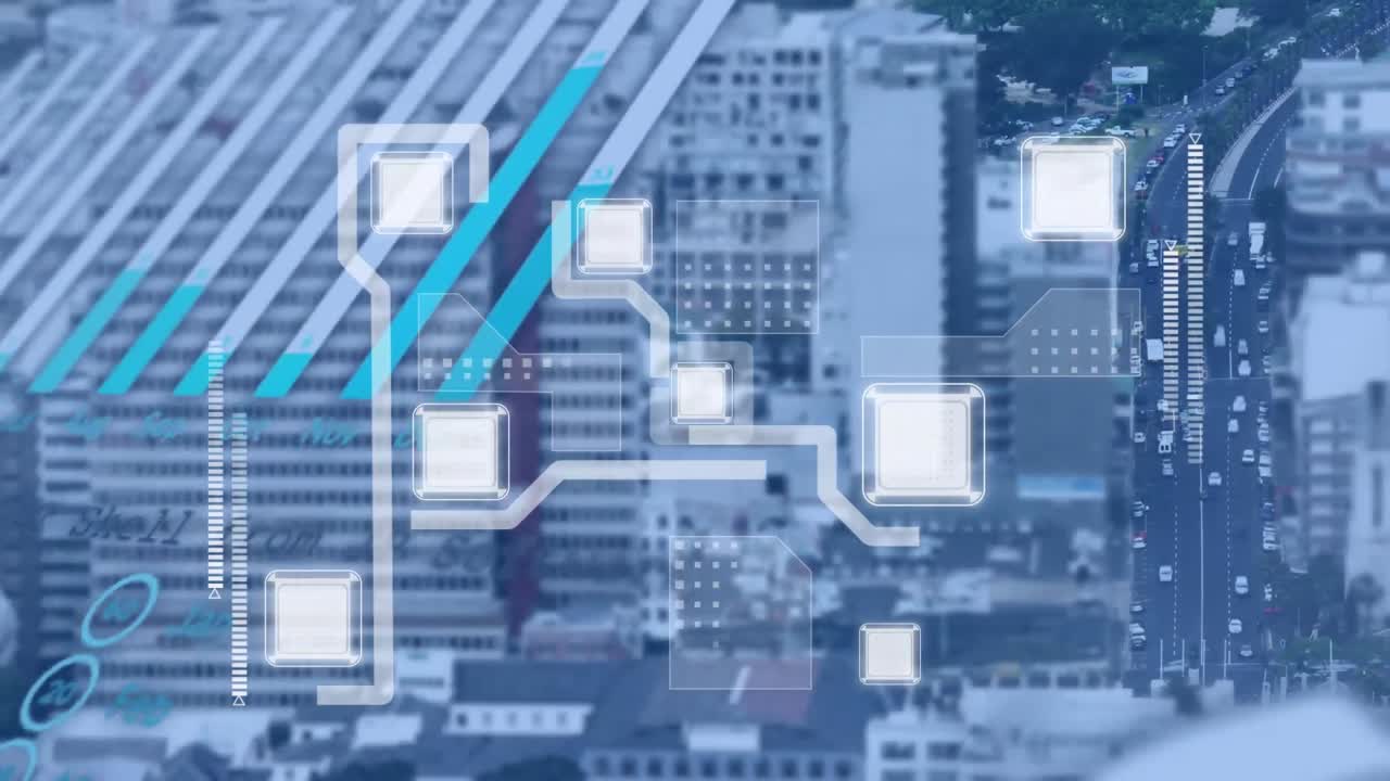 도시 풍경 위의 데이터 처리 애니메이션