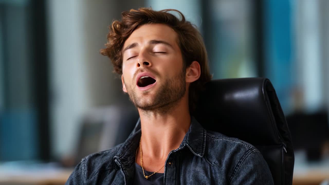 A Focused Moment of Relaxation: Exploring Self-Care and Mindfulness As a Young Man Takes a Breather in a Modern Workspace Setting, Eyes Closed and Breathing Deeply to Refresh His Mind