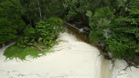 mahe seychelles cinematic drone shot of revealing the beach from the river, people on the beach