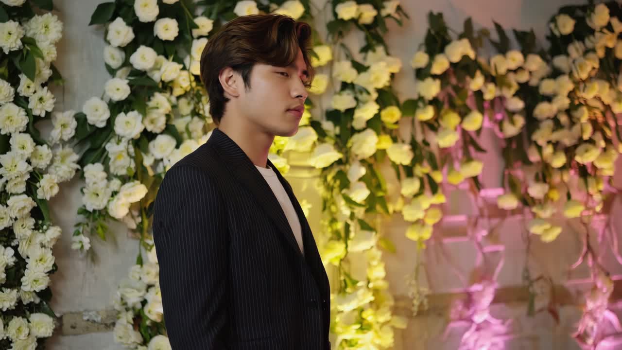 Man in a suit surrounded by flowers