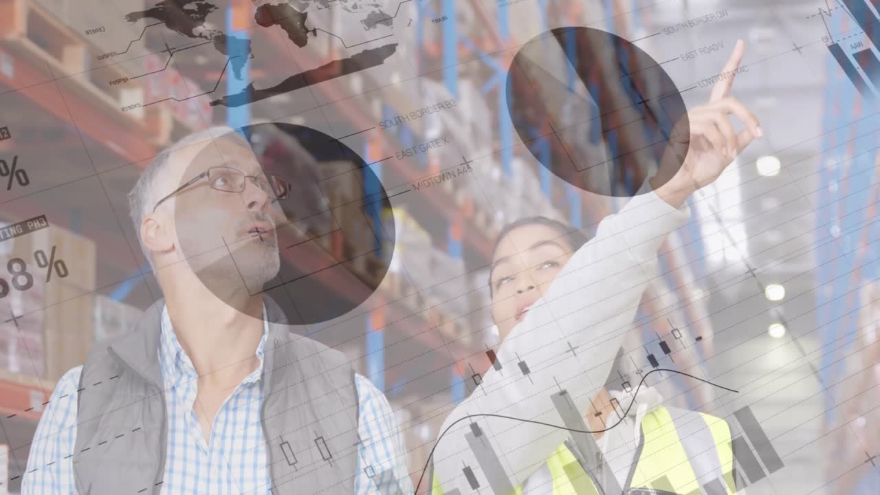 다양한 남성과 여성 감독자에 대한 통계 데이터 처리가 창고에서 재고를 확인합니다.