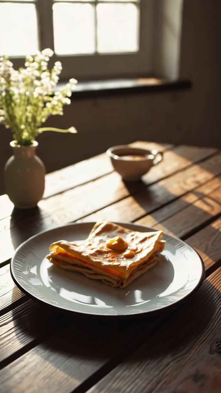 Pouring Sweet Syrup on Fluffy Pancakes