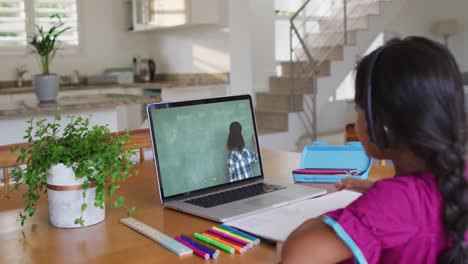 Niña-Afroamericana-Levantando-La-Mano-Mientras-Realiza-Una-Videollamada-Con-Una-Profesora-En-Una-Computadora-Portátil-En-Casa