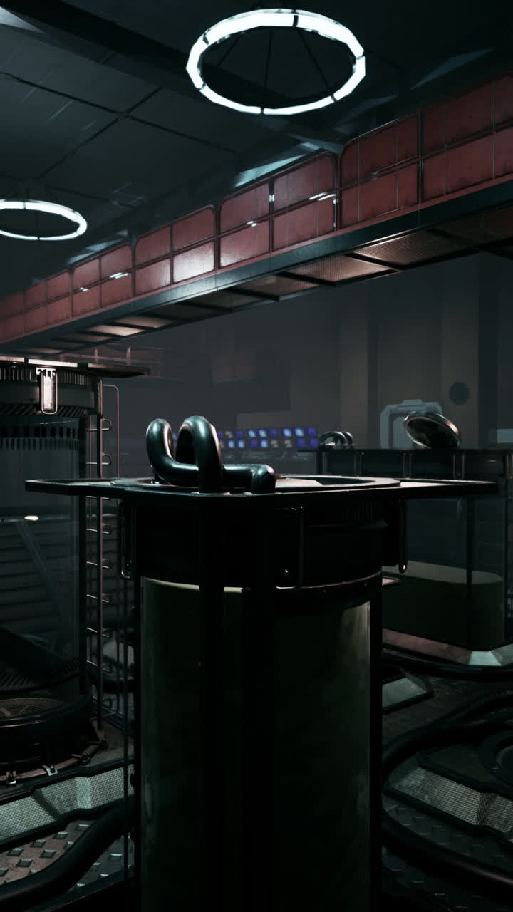 금속 구조물과 산업용 조명을 가진 어고 미래적인 실험실 인테리어입니다.