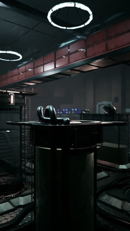 a dark and futuristic laboratory interior with metal structures and industrial lighting.