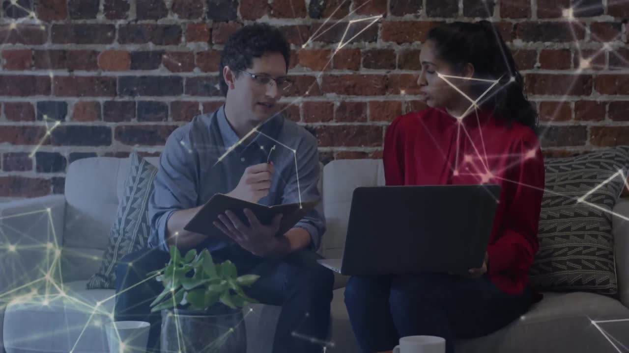 Animation of network of connections over business people working in office