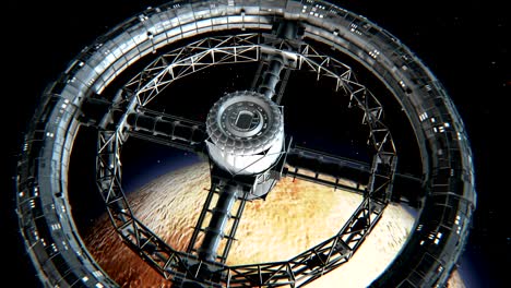 circular space station on pluto background