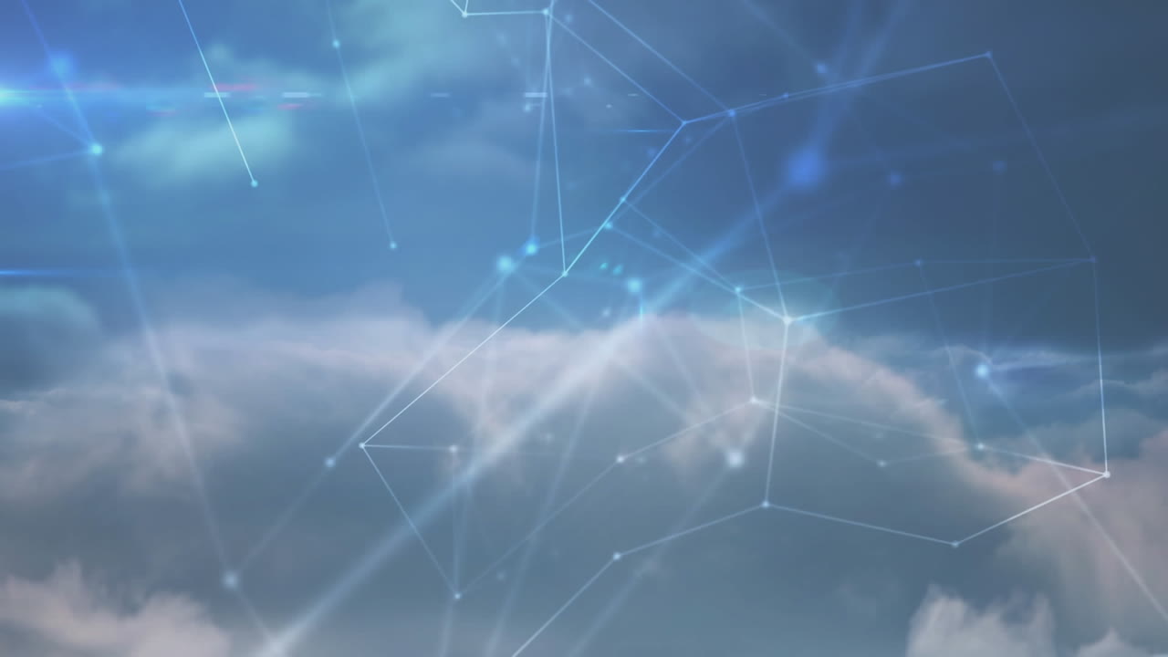 Network of connections spinning over clouds in the blue sky