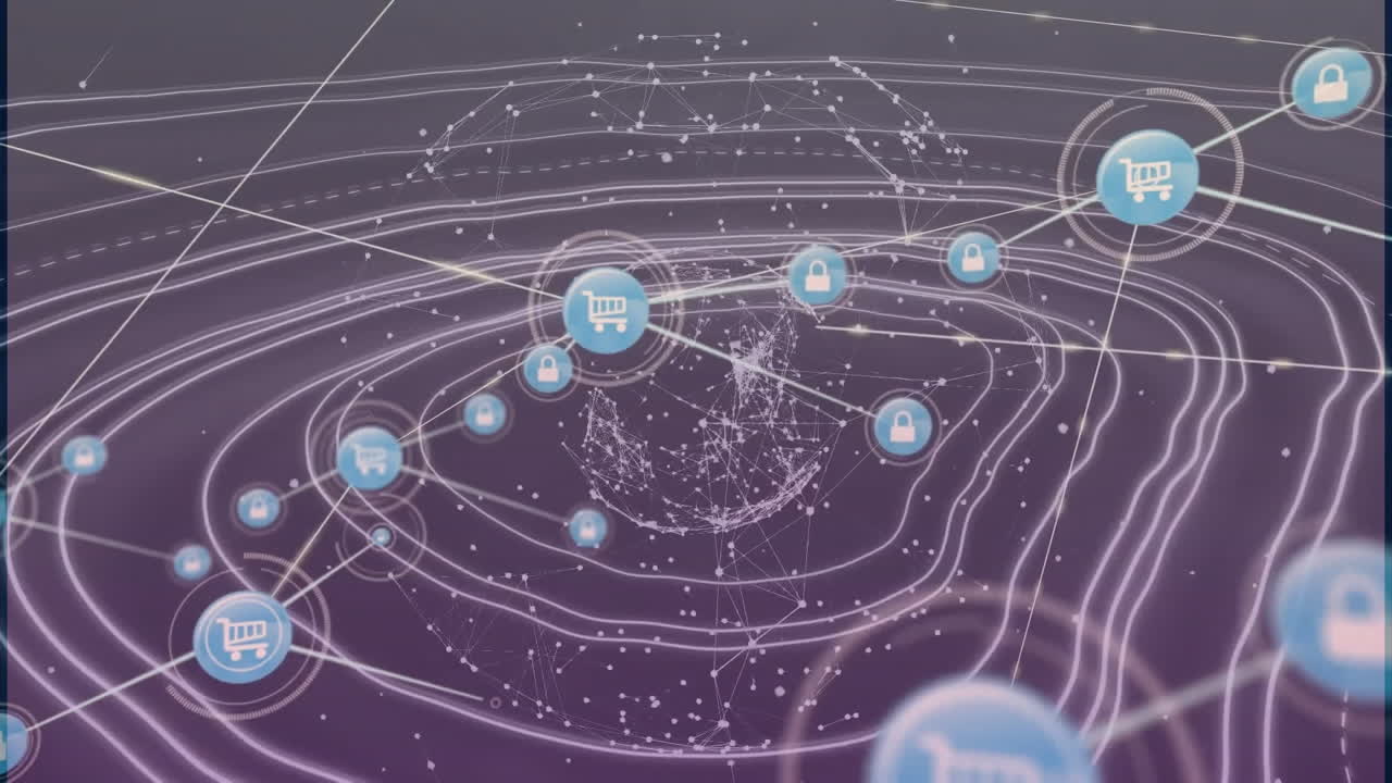 전 세계 및 추상적인 패턴에 대한 연결된 카트 및 잠금 아이콘의 애니메이션