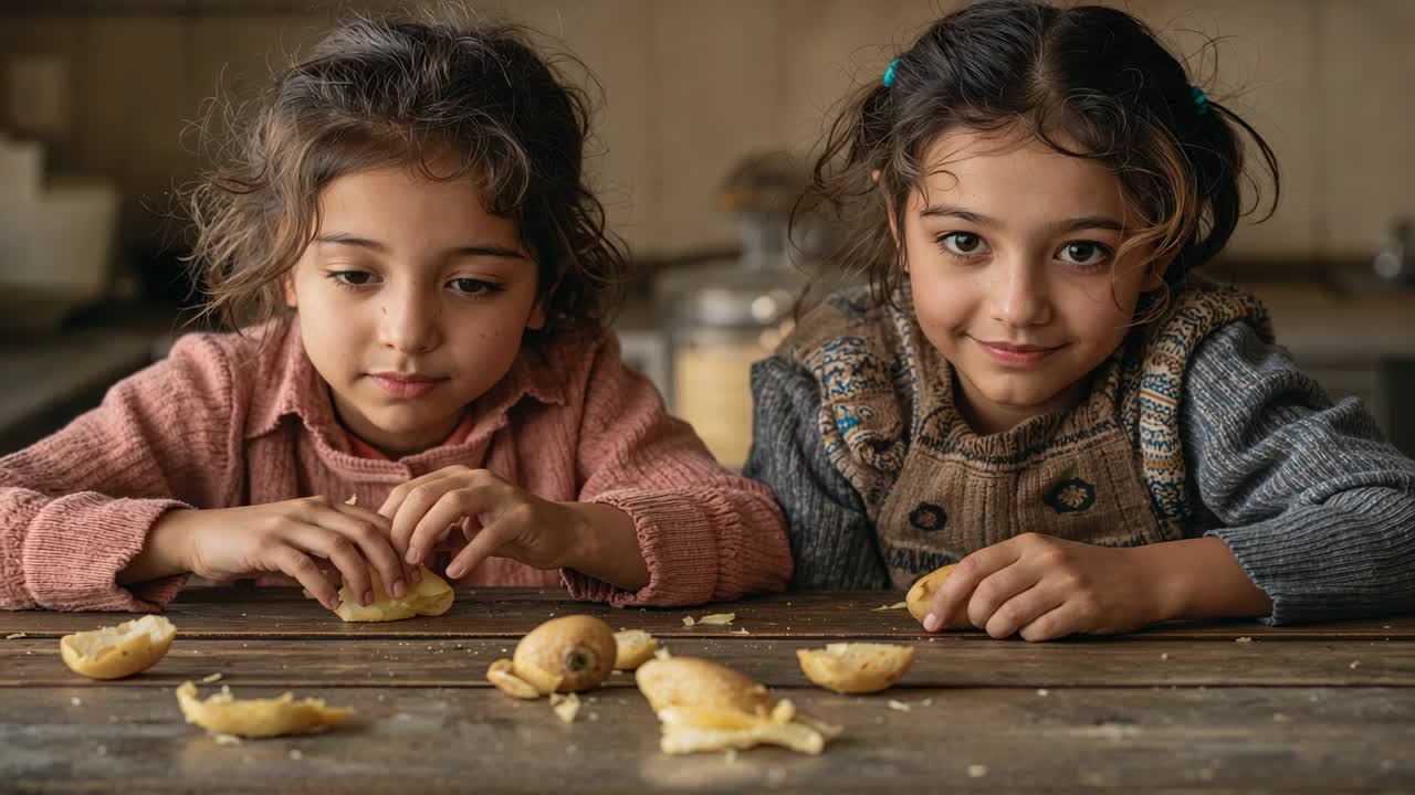 Sorelle chine in avanti che sbucciano cibo a un tavolo di legno, indossando maglioni rosa e grigi, mentre preparano uno spuntino