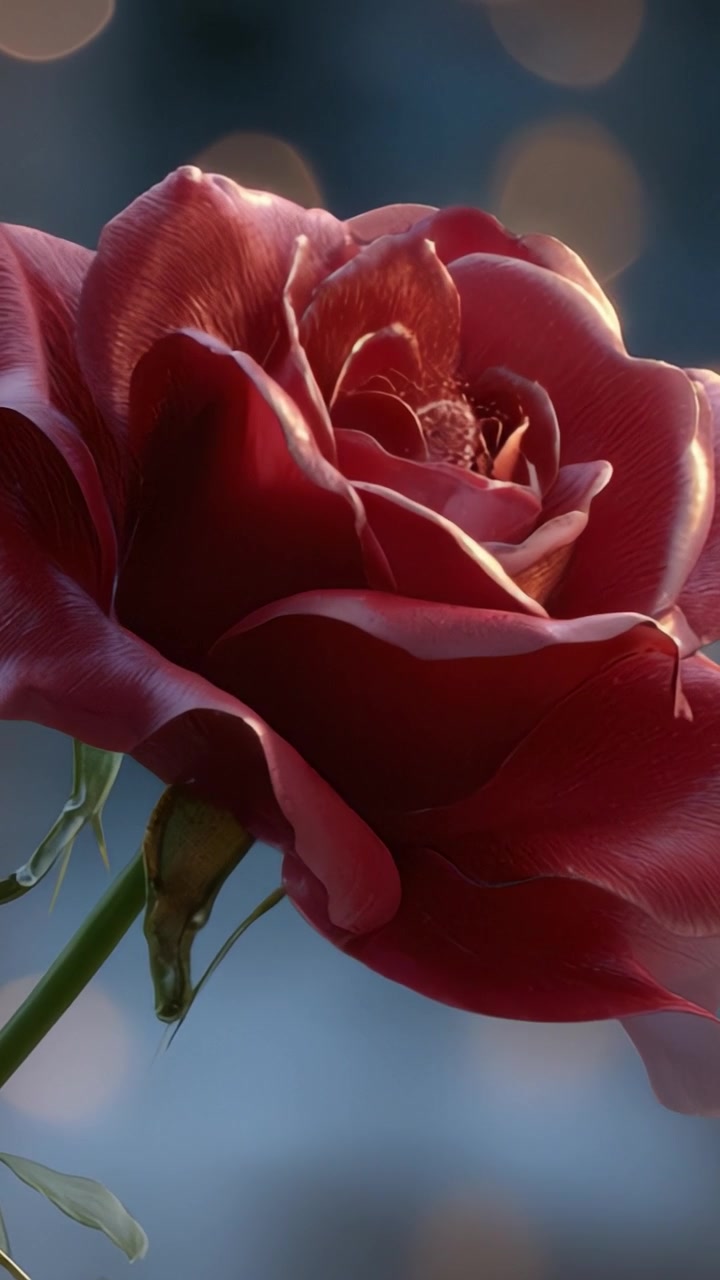 Una bellissima rosa rossa in fiore, catturata con dettagli e luce mozzafiato, che mette in risalto i suoi petali vellutati e il colore intenso su uno sfondo morbido e sfocato.