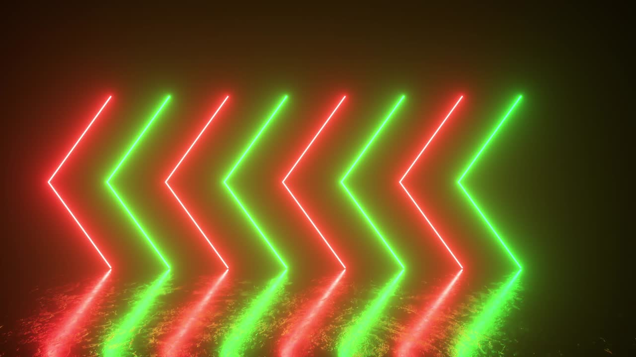Flashing bright neon arrows light up and go out indicating the direction on the reflective floor. Abstract background, laser show. Ultraviolet neon green red light spectrum. Seamless loop 3d render