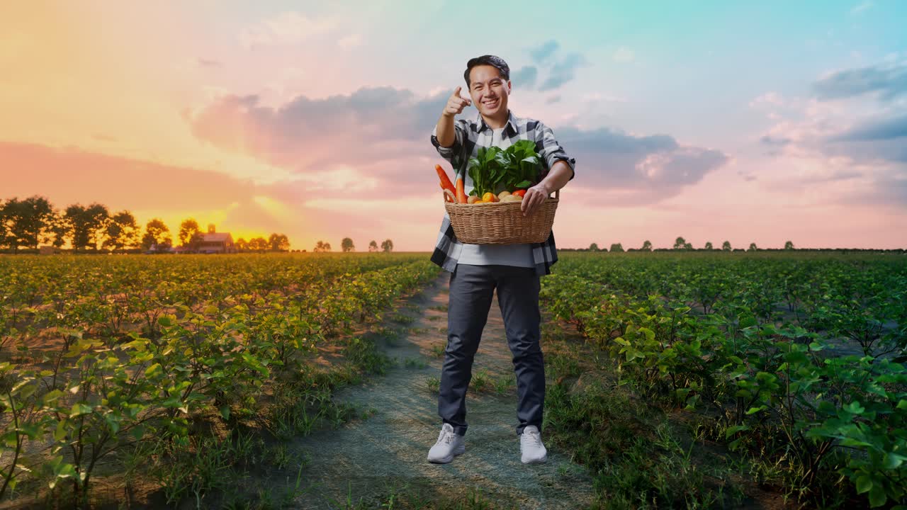 cuerpo lleno de granjero masculino asiático con canasta de verduras sonriendo y haciendo un gesto honesto en el campo